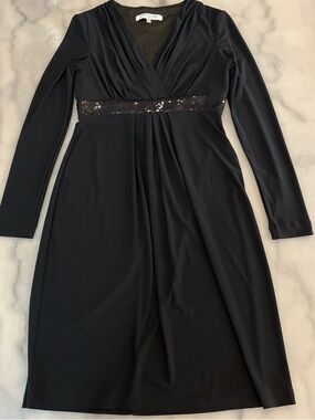 Evan Picone Black Long Sleeve Sequin-Waist V-Neck Stretch Dress